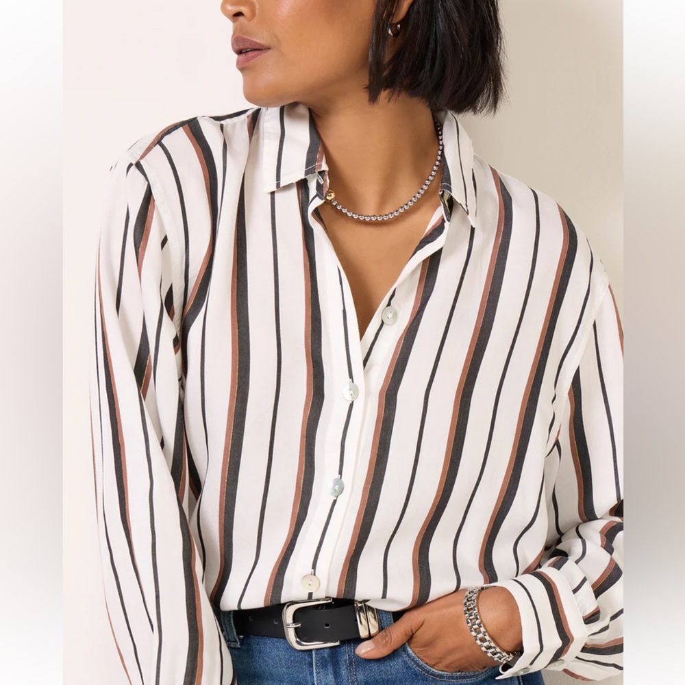 Cloth & Stone Boyfriend Button Down Black and Brown Stripe w/hint of Gold Size M